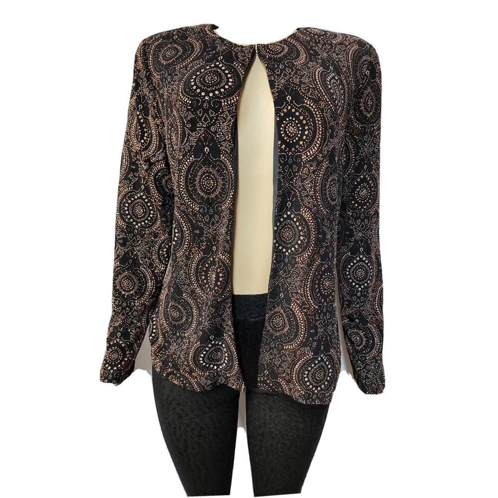 XSCAPE BY JOANNA CHEN SIZE LARGE BLACK GOLD DRESSY WOMEN CARDIGAN SWEATER #W5